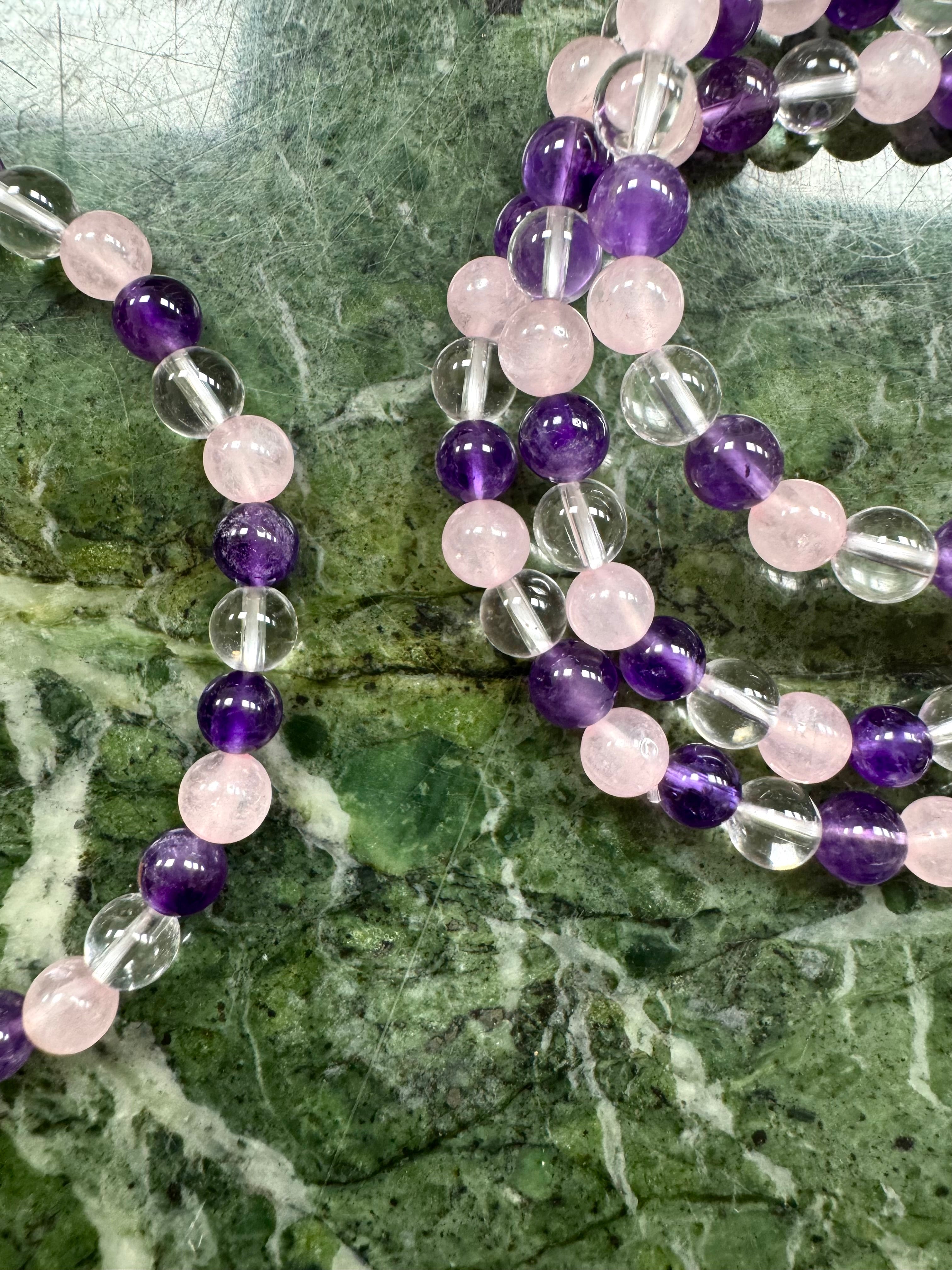 Anti stress & angst armbånd - ametyst, bjergkrystal & rosenkvarts a+ - 6mm - 18-19 cm
