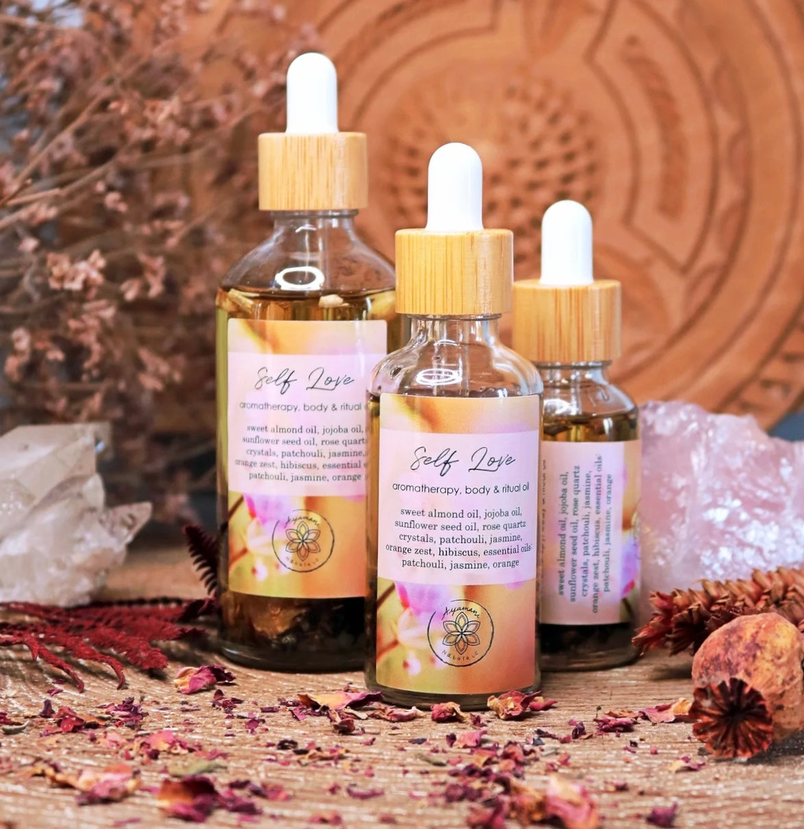 Self love ritual olie med rosenkvarts krystaller & æteriske olier - 100 ml.