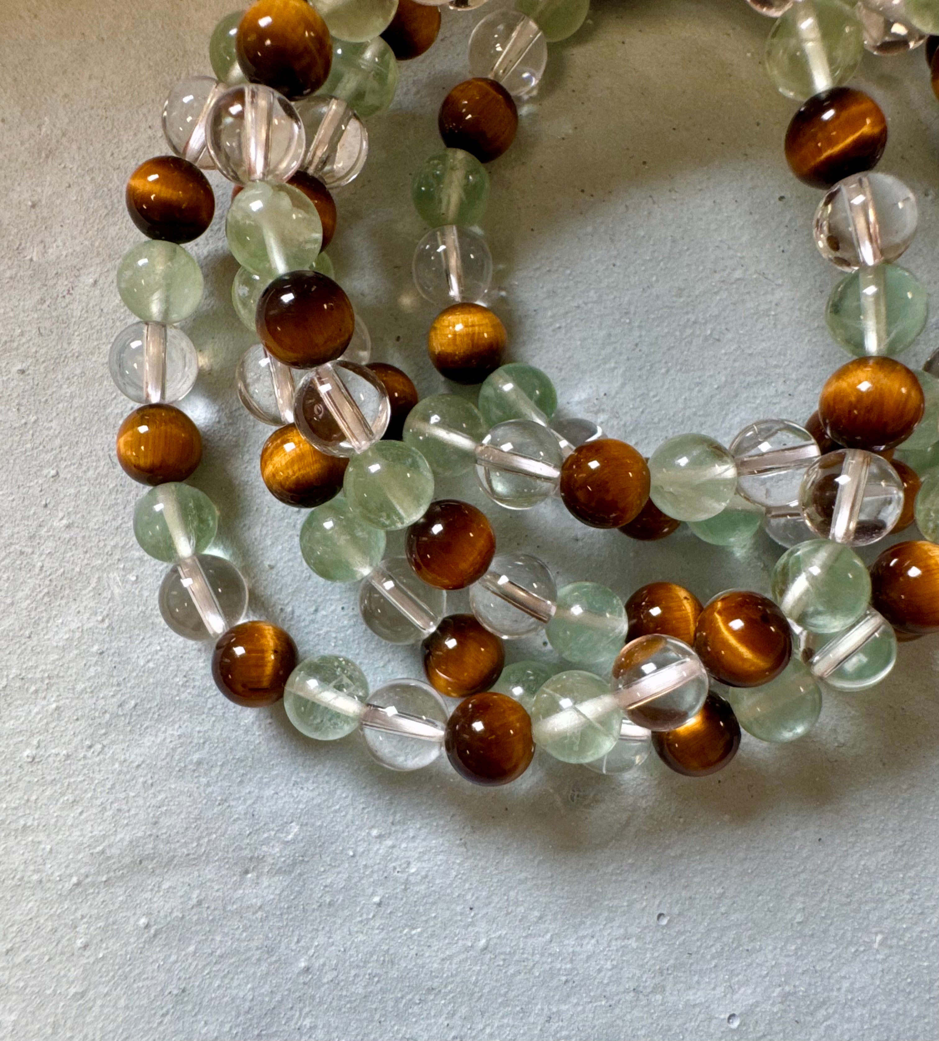 Koncentration - specielt eksamens armbånd a+ - tigerøje, Fluorit & bjergkrystal - 6mm 18-19 cm