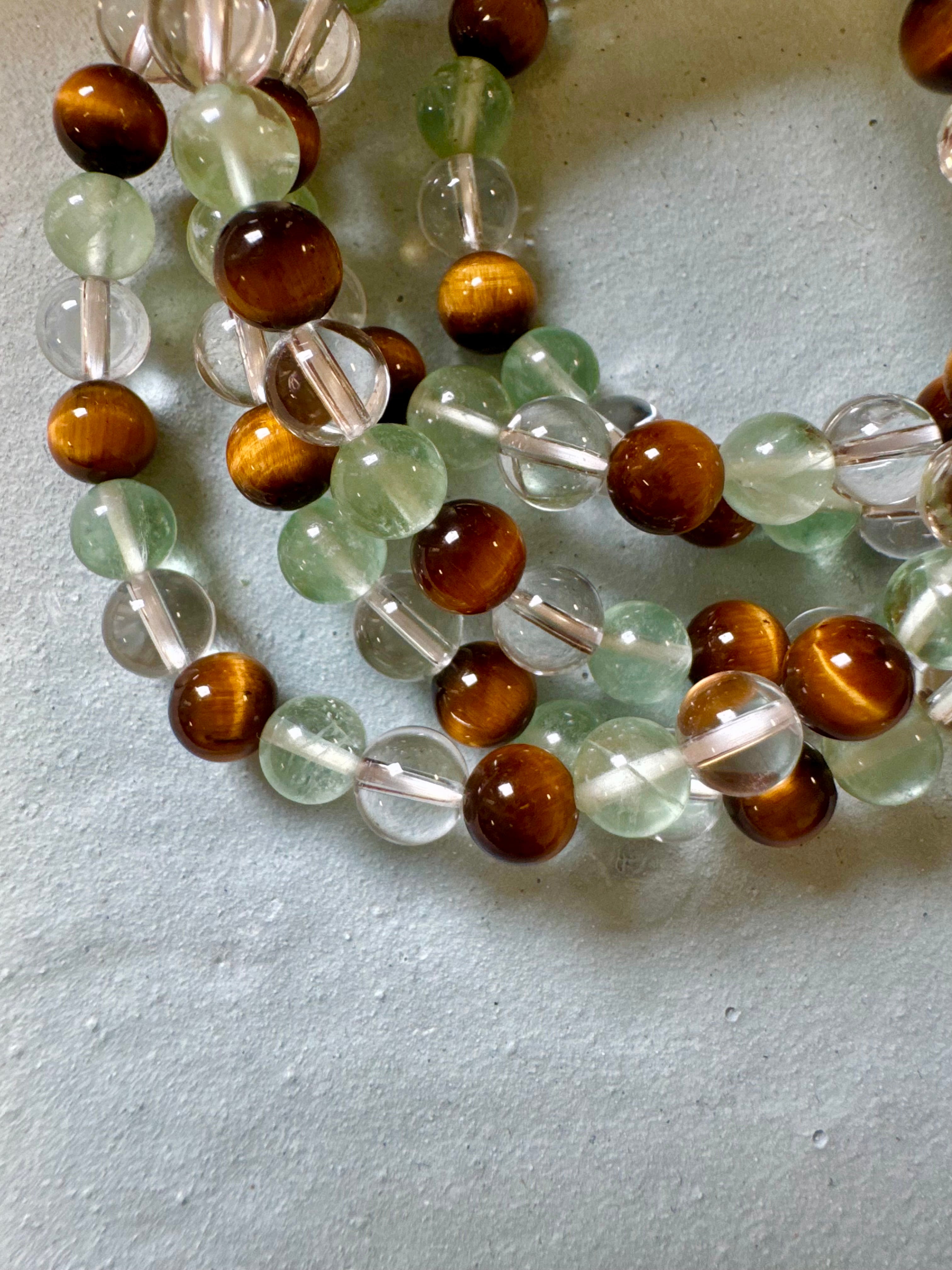 Koncentration - specielt eksamens armbånd a+ - tigerøje, Fluorit & bjergkrystal - 6mm 18-19 cm