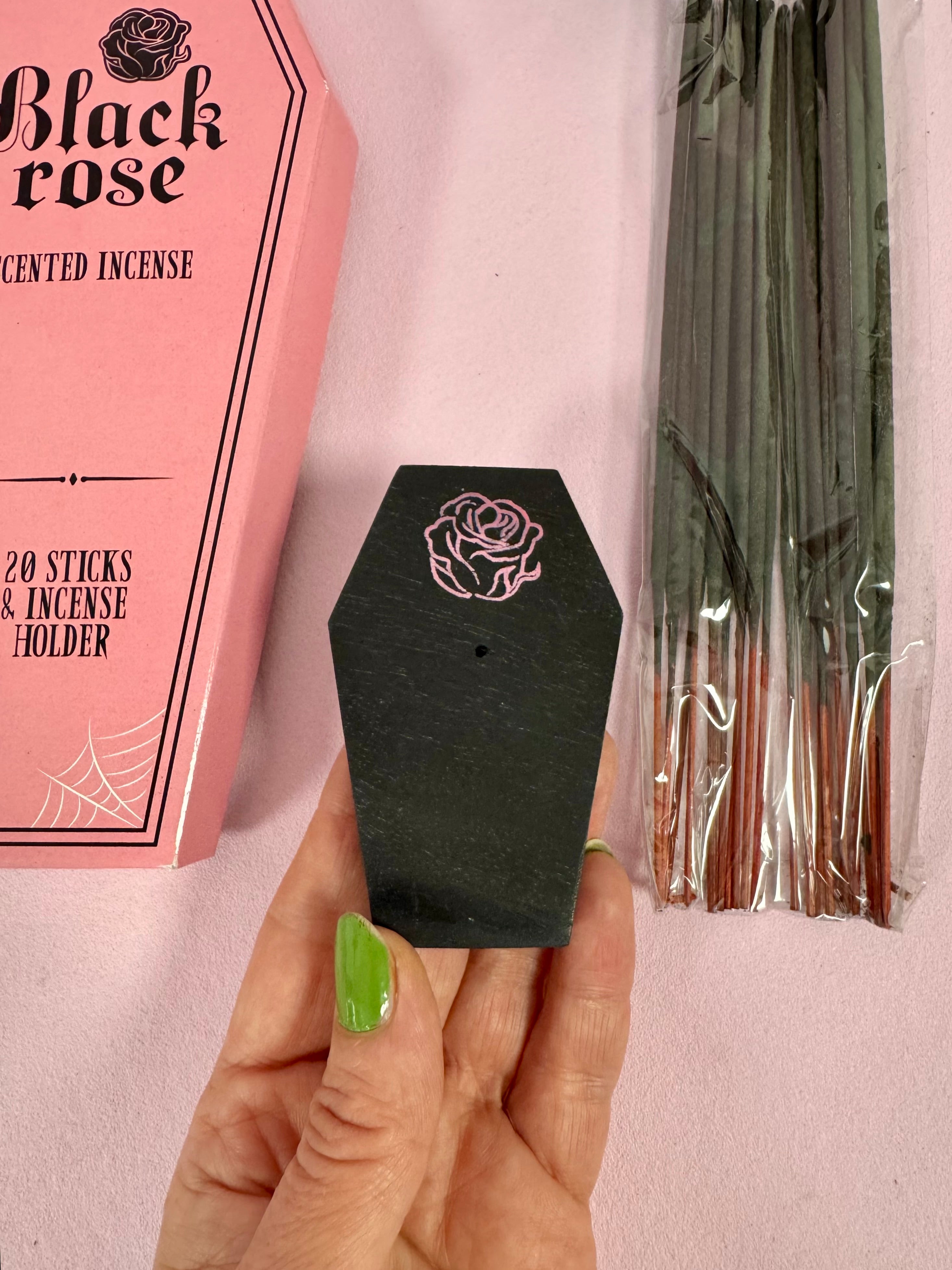 Black Rose - Røgelsespinde & Røgelsesholder i kisteformet æske