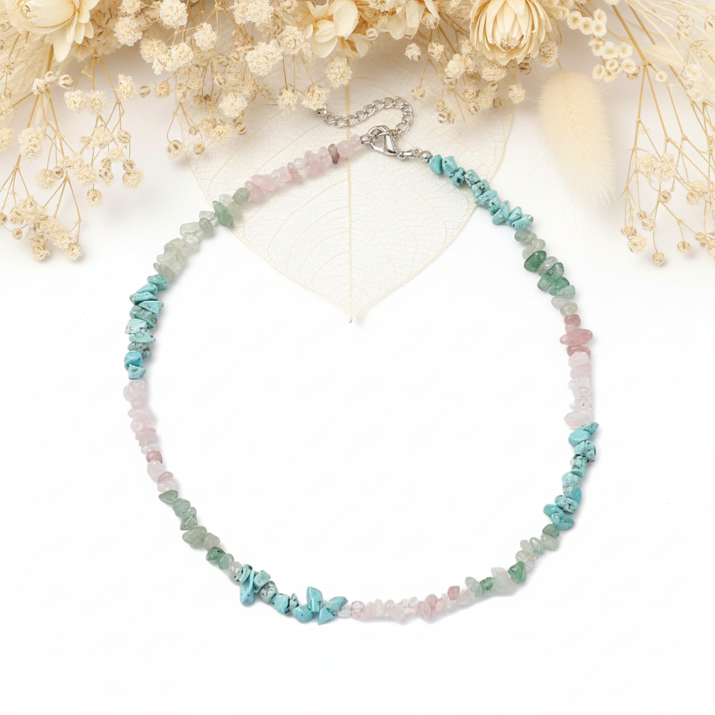 Halskæde med Turkis, RosaKvarts & Grøn Aventurin