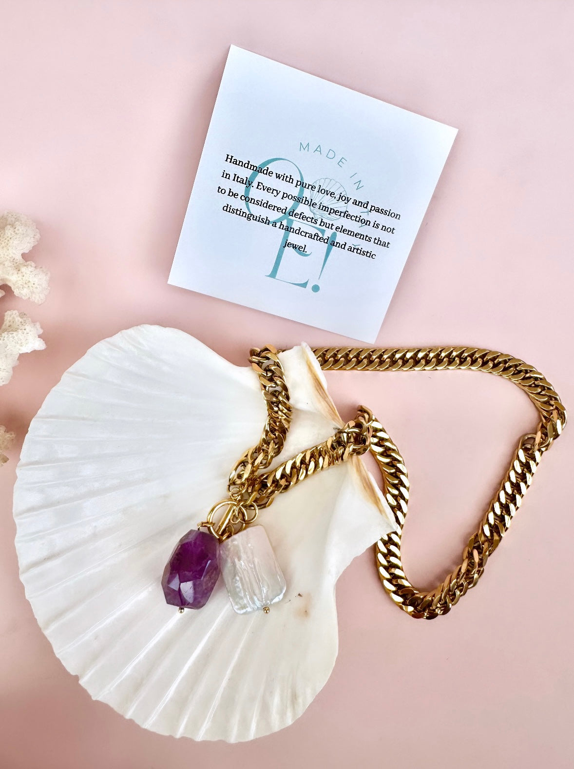 Månesøster Krystaller Chunky forgyldt Halskæde med Ametyst + Perle vedhæng Håndlavet af OE! - Italien