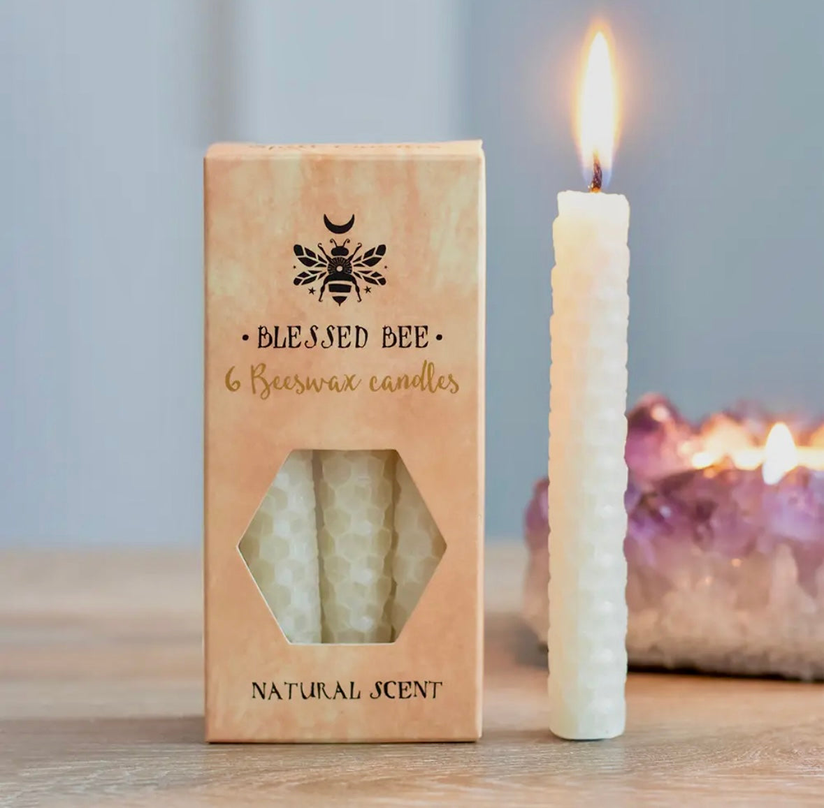 Månesøster Krystaller - Sæt med 6 cremefarvede ☾ Bivoks magic SPELL CANDLES ☾