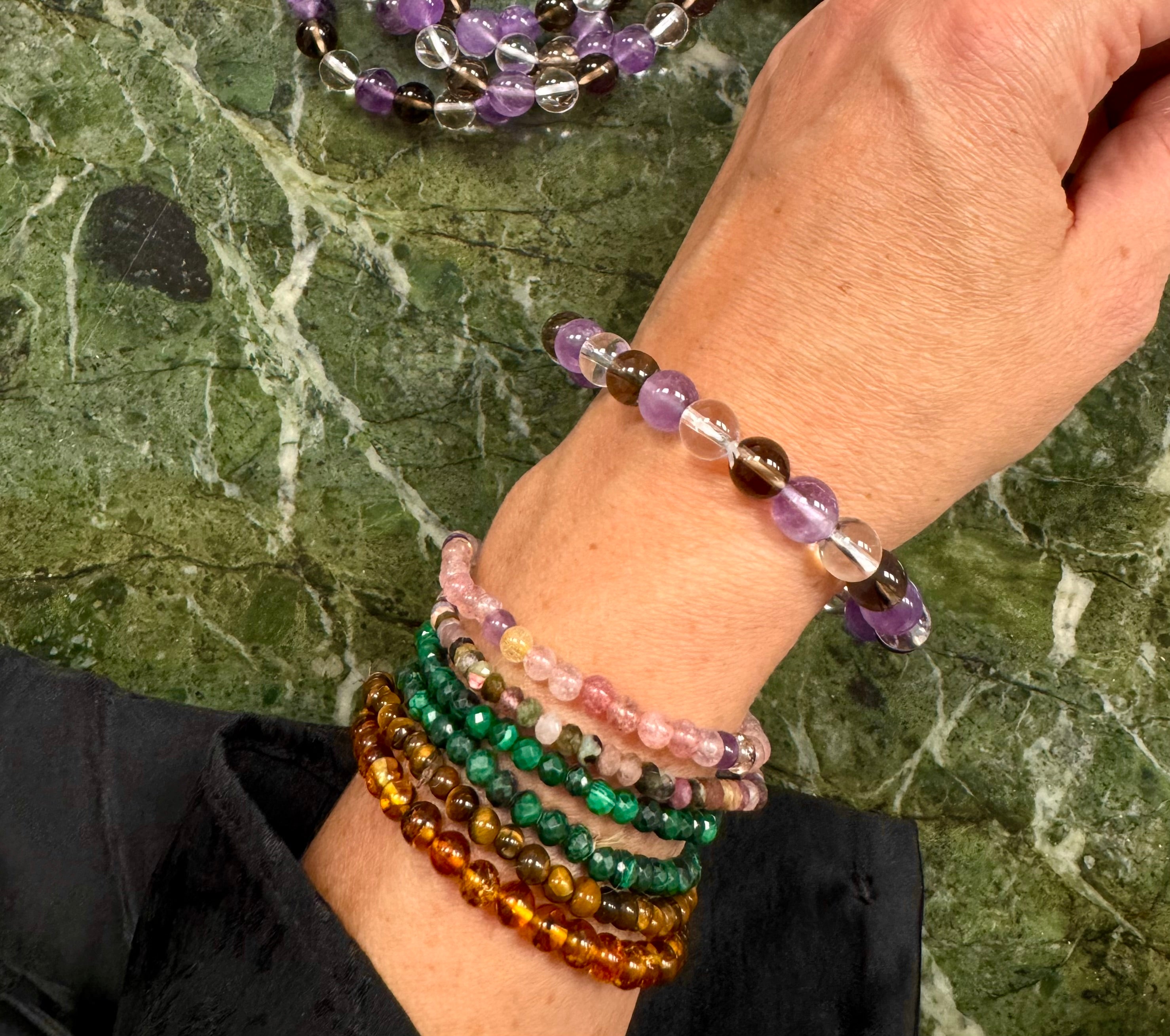 Anti afhængigheds Armbånd - Ametyst, røgkvarts & bjergkrystal - 8mm 19-20 cm