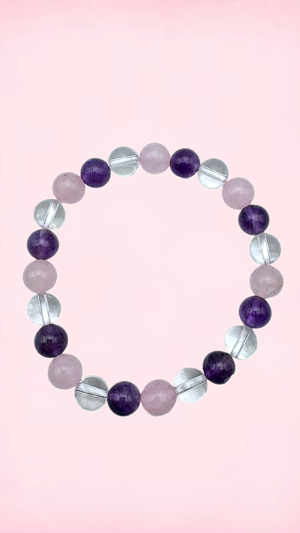 Anti stress & angst armbånd - ametyst, bjergkrystal & rosenkvarts - (6 mm. - 18-19 cm.)