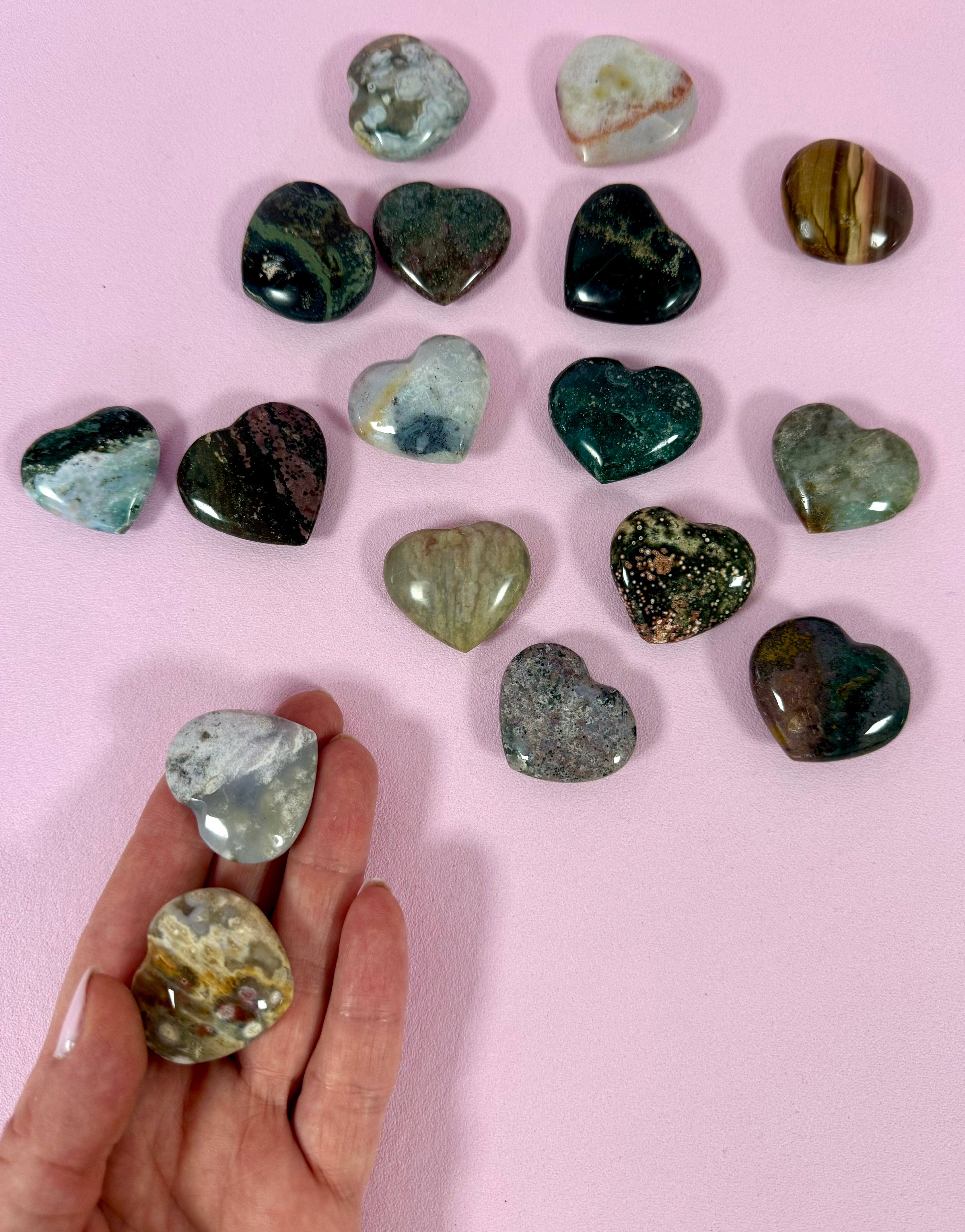Ocean Jaspis Hjerte ☾ Kærlighed, Lykke, Glæde, Vitalitet, Pleje, Positiv Energi, Selv Kærlighed ☾ Ca. 4 x 3,2 cm ☾