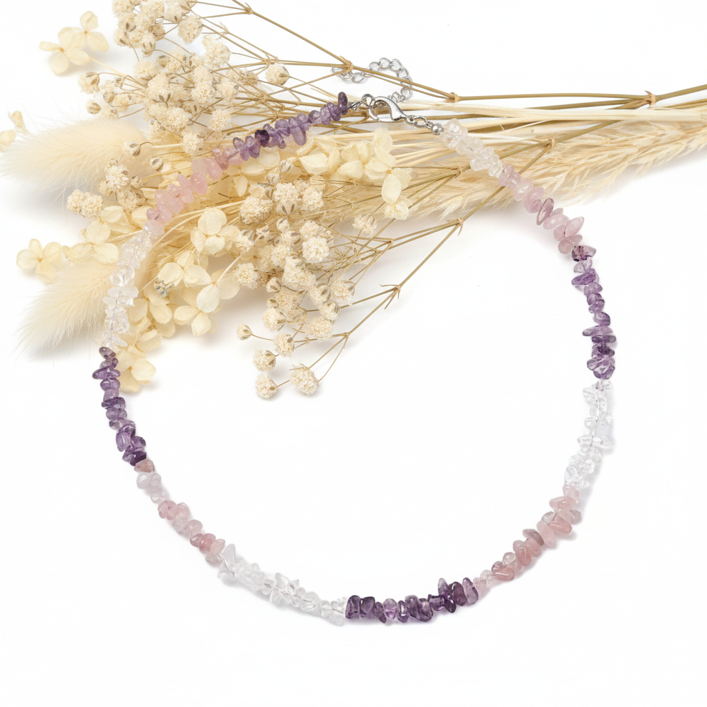 Halskæde med Rosenkvarts, Ametyst & Bjergkrystal