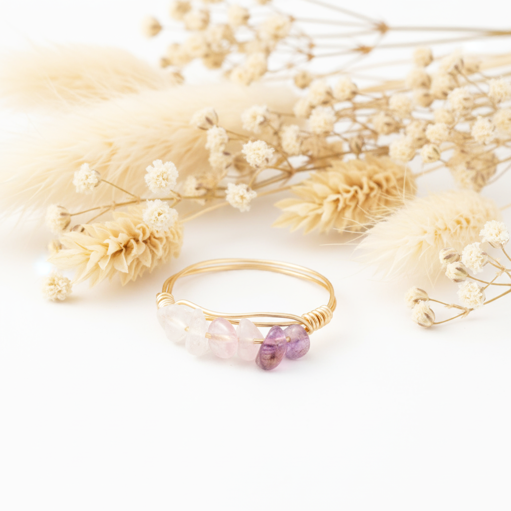 Ring med Ametyst, RosaKvarts & bjergKrystal