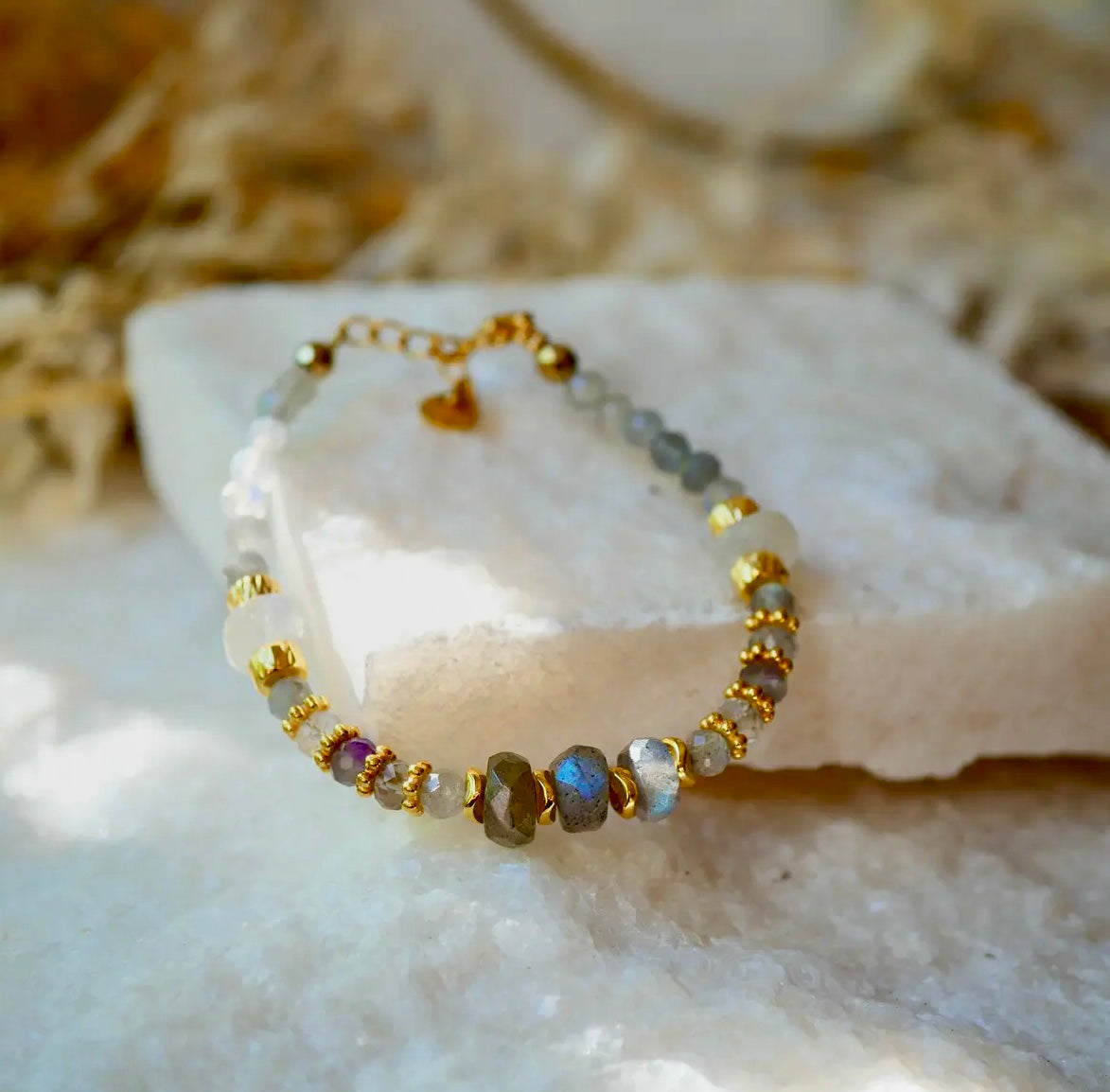 Labradorit + månesten + Ametyst Armbånd - håndlavet i paris ☾