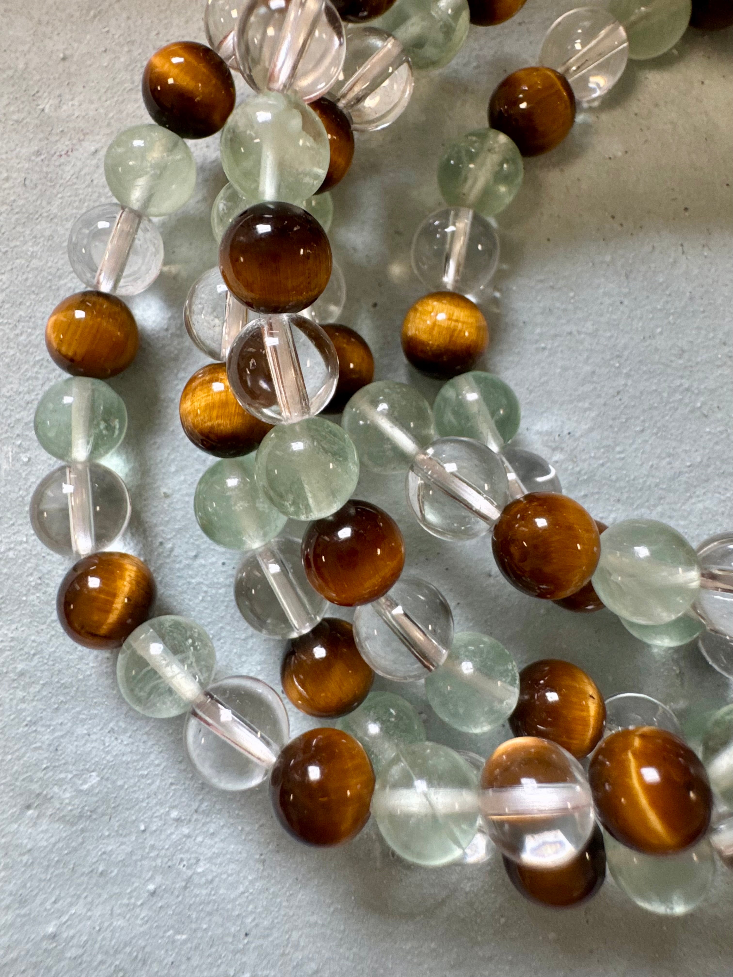 Koncentration - specielt eksamens armbånd a+ - tigerøje, Fluorit & bjergkrystal - 6mm 18-19 cm