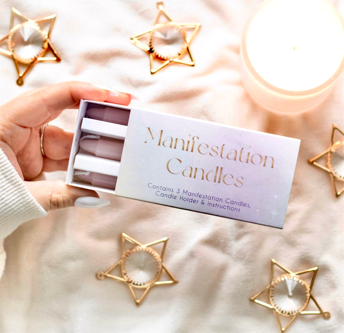 MANIFESTATION SPELL CANDLES 
 ☾ 3 lyserøde lys  i en æske til manifestations ceremoni ☾ kertelys