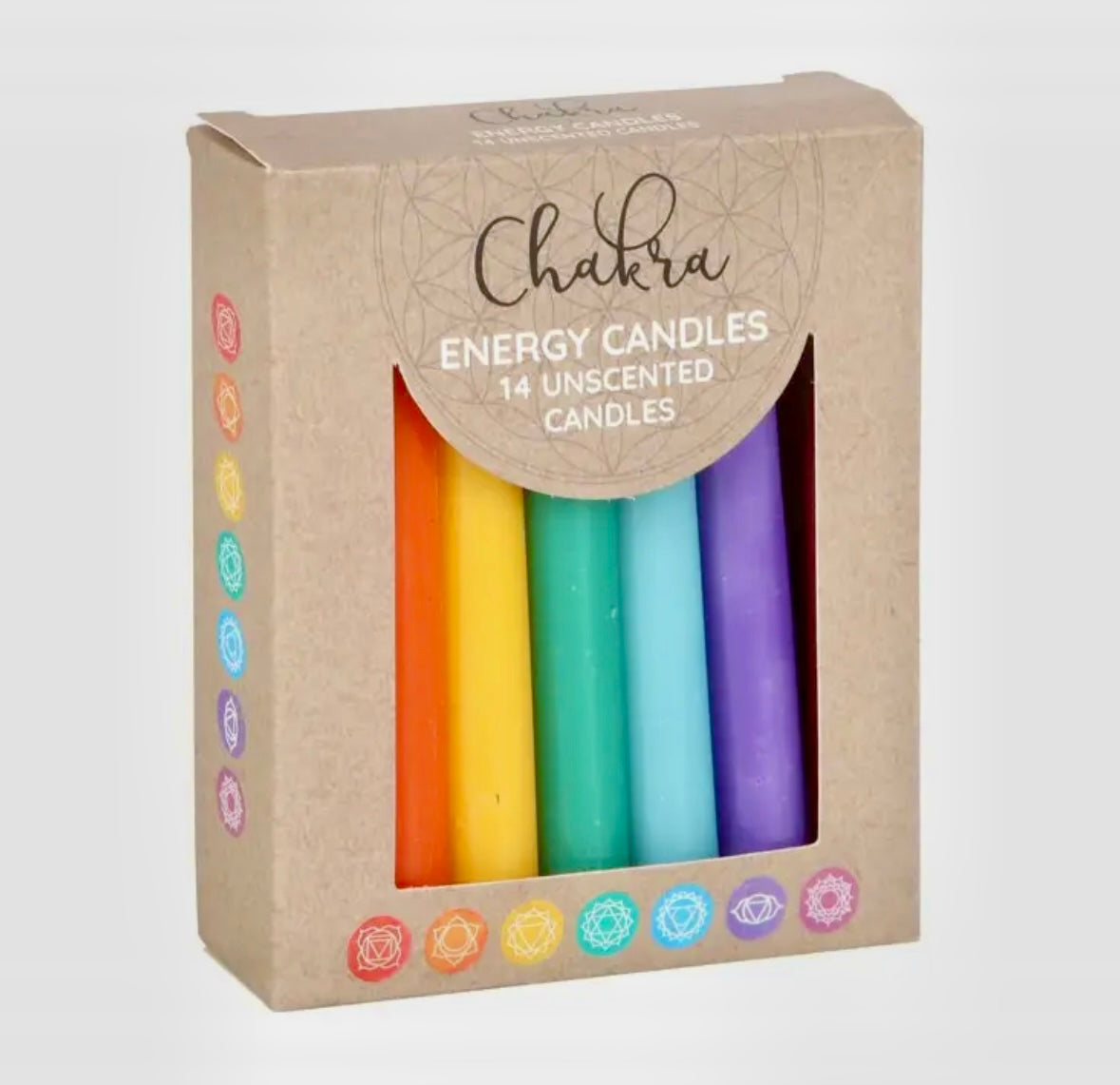 Chakra lys - Pakke med 14 uparfumerede chakra energi lys / MAANESOESTER.DK / MÅNESØSTER.DK