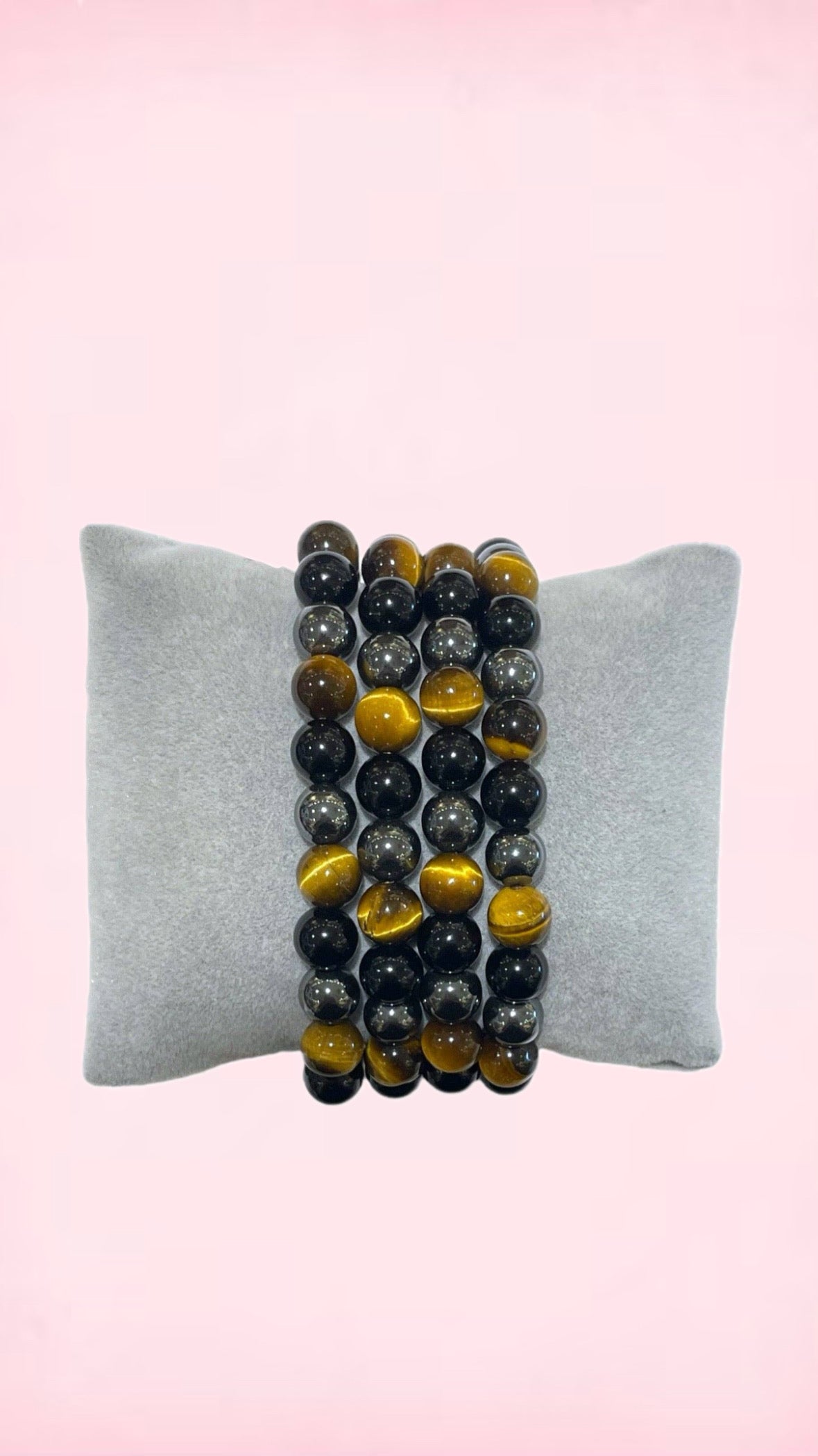 Tripple beskyttelses armbånd med Tigerøje, Hematit & Sort Obsidian - (4 mm.)