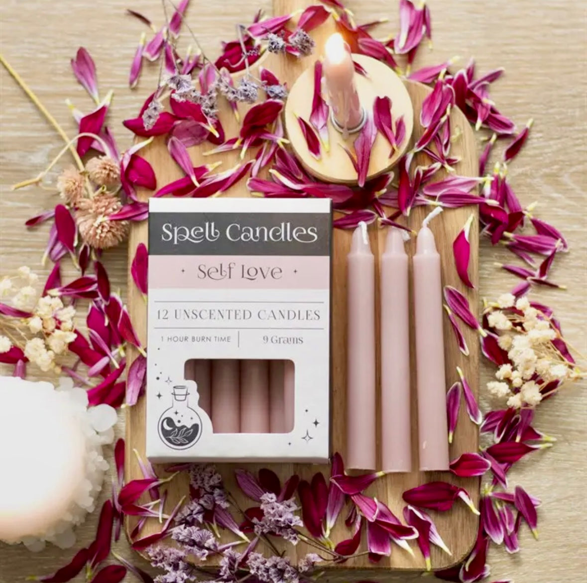 Månesøster Krystaller - Lyserøde ☾ Self love SPELL CANDLES ☾ For selvkærlighed - Stearinlys