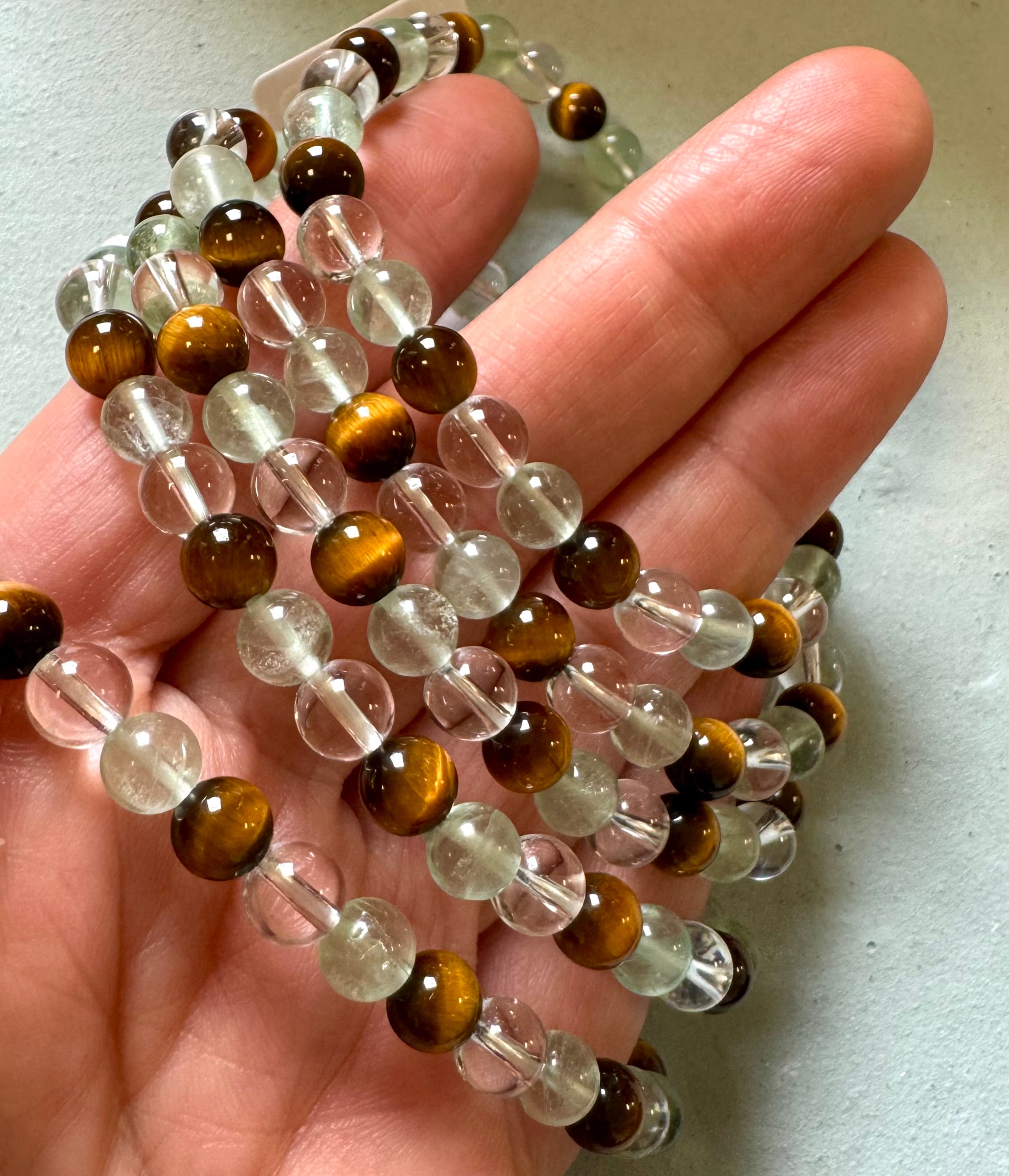 Koncentration - specielt eksamens armbånd a+ - tigerøje, Fluorit & bjergkrystal - 6mm 18-19 cm