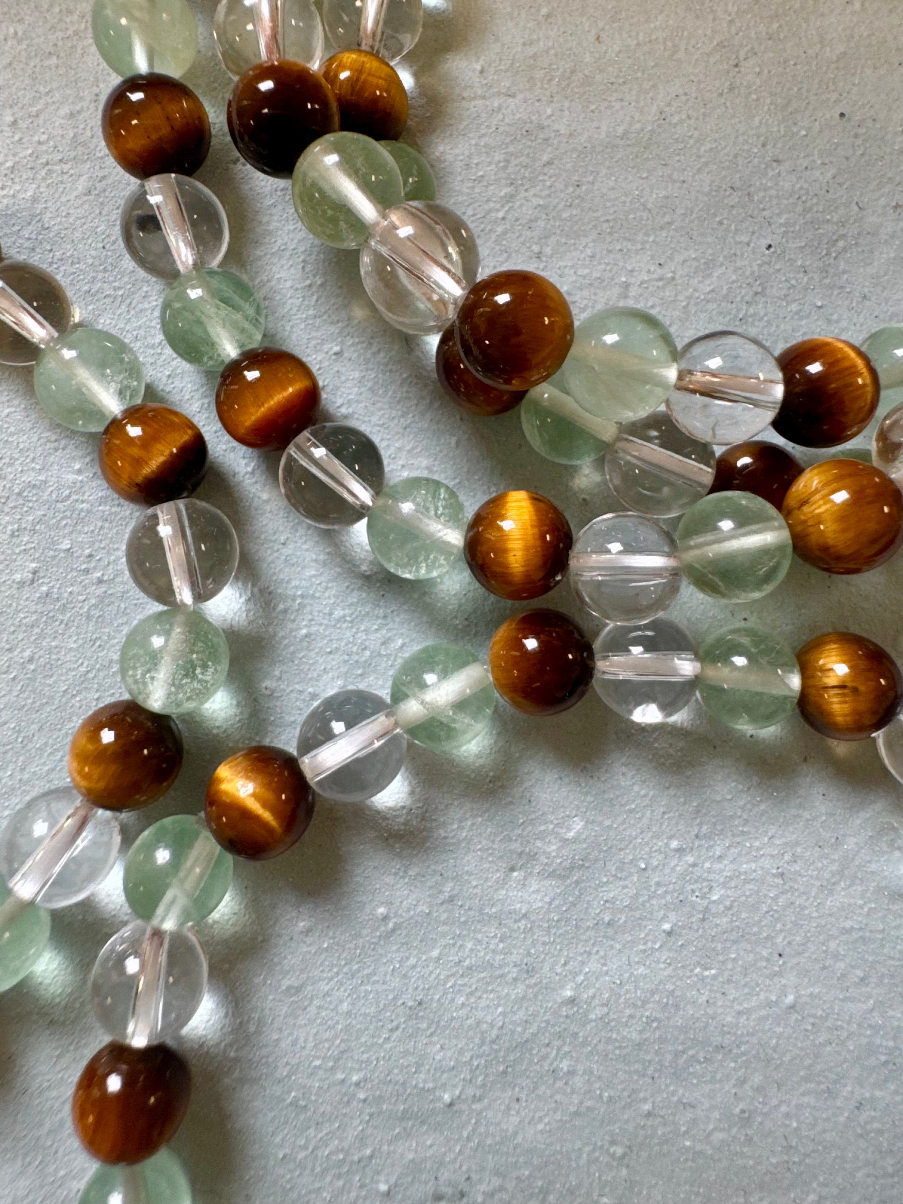 Koncentration - specielt eksamens armbånd a+ - tigerøje, Fluorit & bjergkrystal - 6mm 18-19 cm