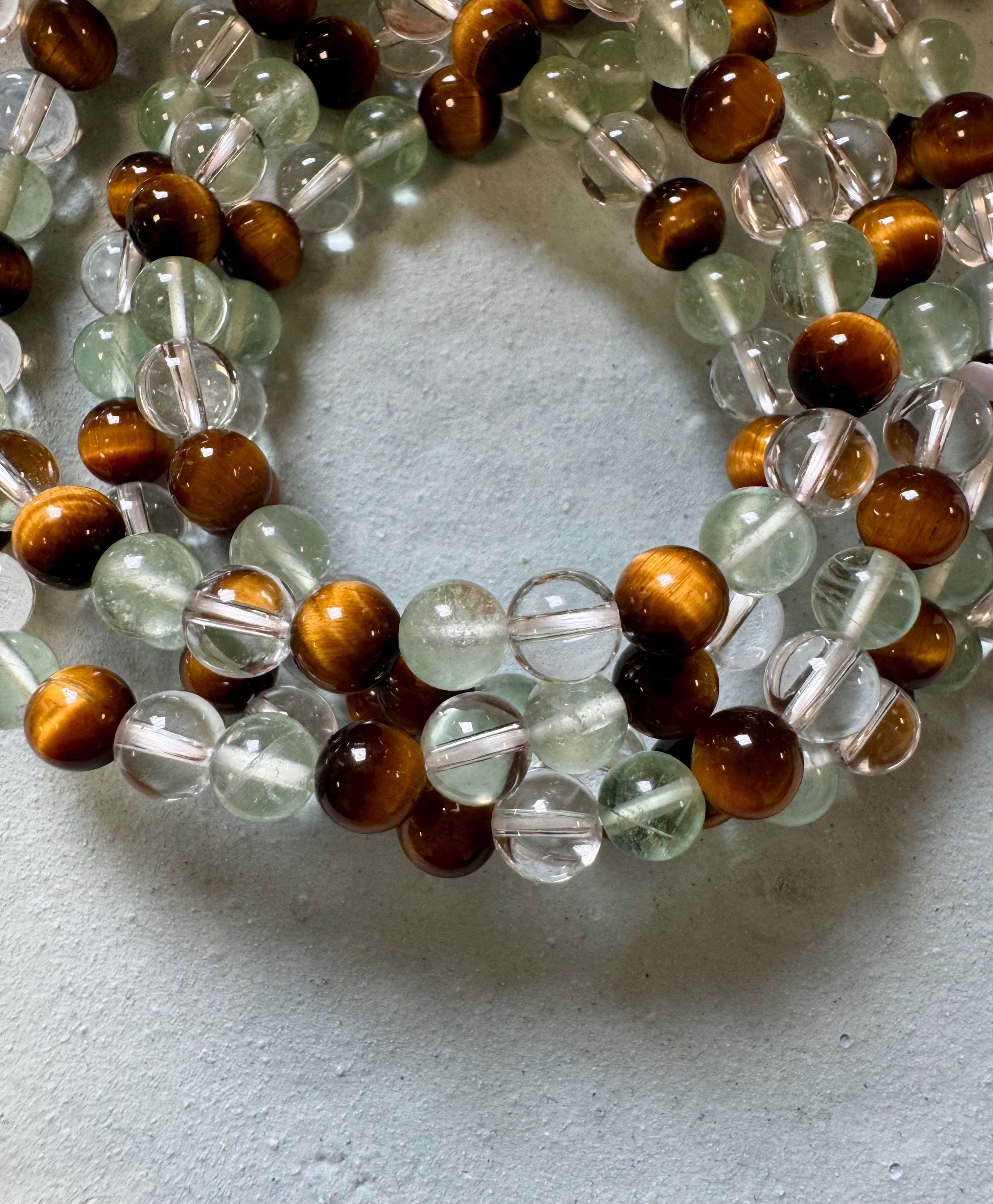 Koncentration - specielt eksamens armbånd a+ - tigerøje, Fluorit & bjergkrystal - 6mm 18-19 cm