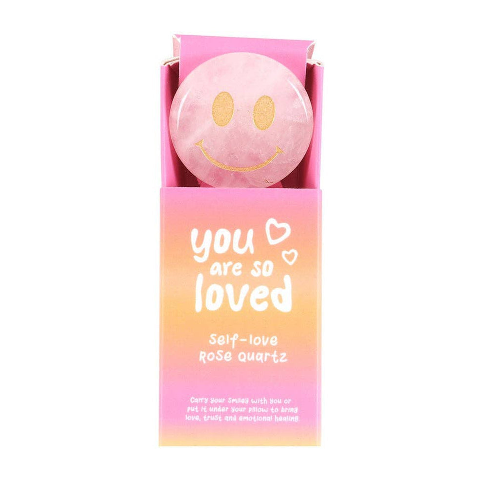 Rosenkvarts  'You Are Loved' Happy Face krystal i gaveæske