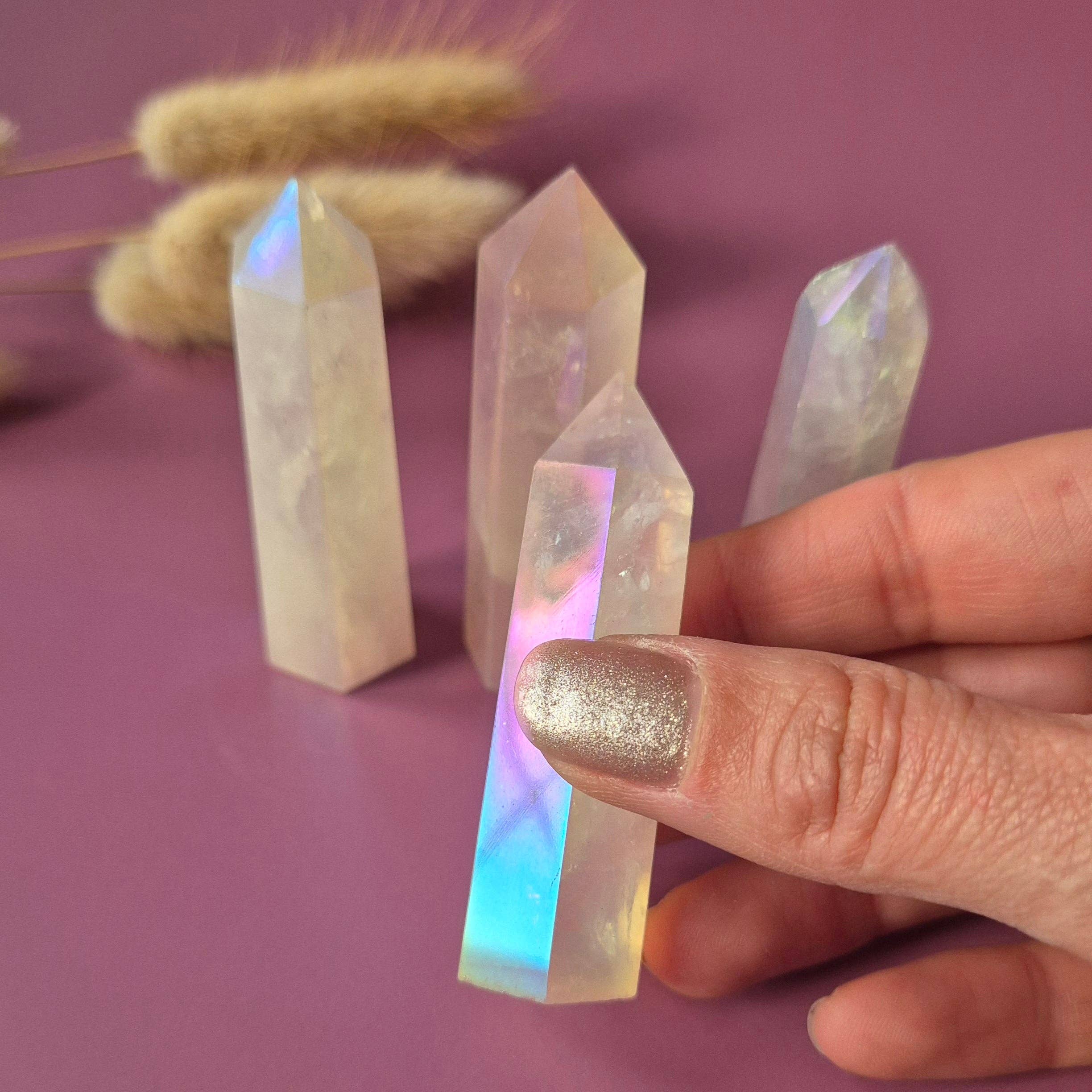 Månesøster Krystaller - Horsens - Krystal Tårn – Angel Aura Rosenkvarts (5–7 cm) / MAANESOESTER.DK / MÅNESØSTER.DK