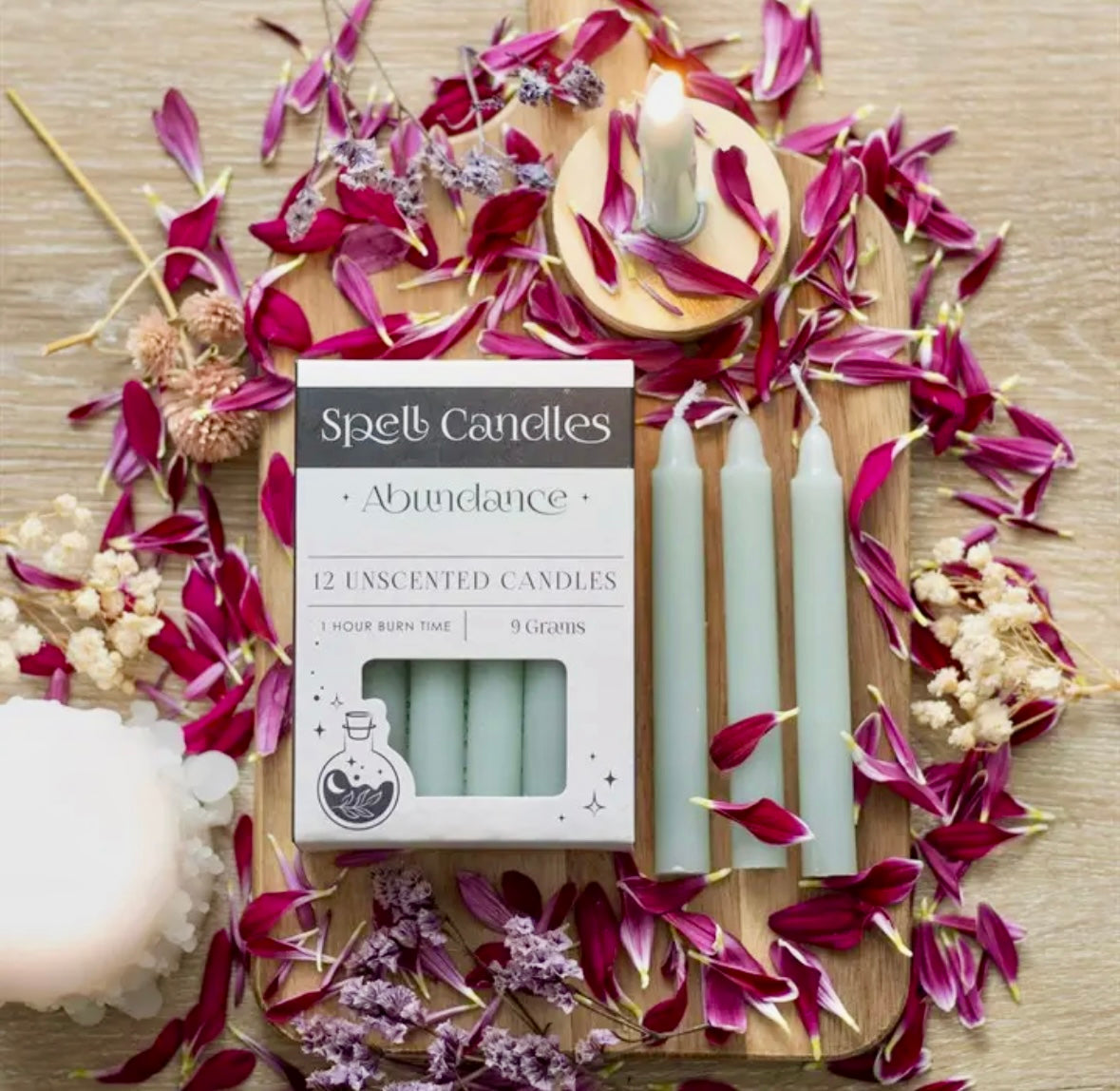 Månesøster Krystaller - Lysegrøn ☾ Abundance SPELL CANDLES ☾ For overflod  MAANESOESTER.DK / MÅNESØSTER.DK