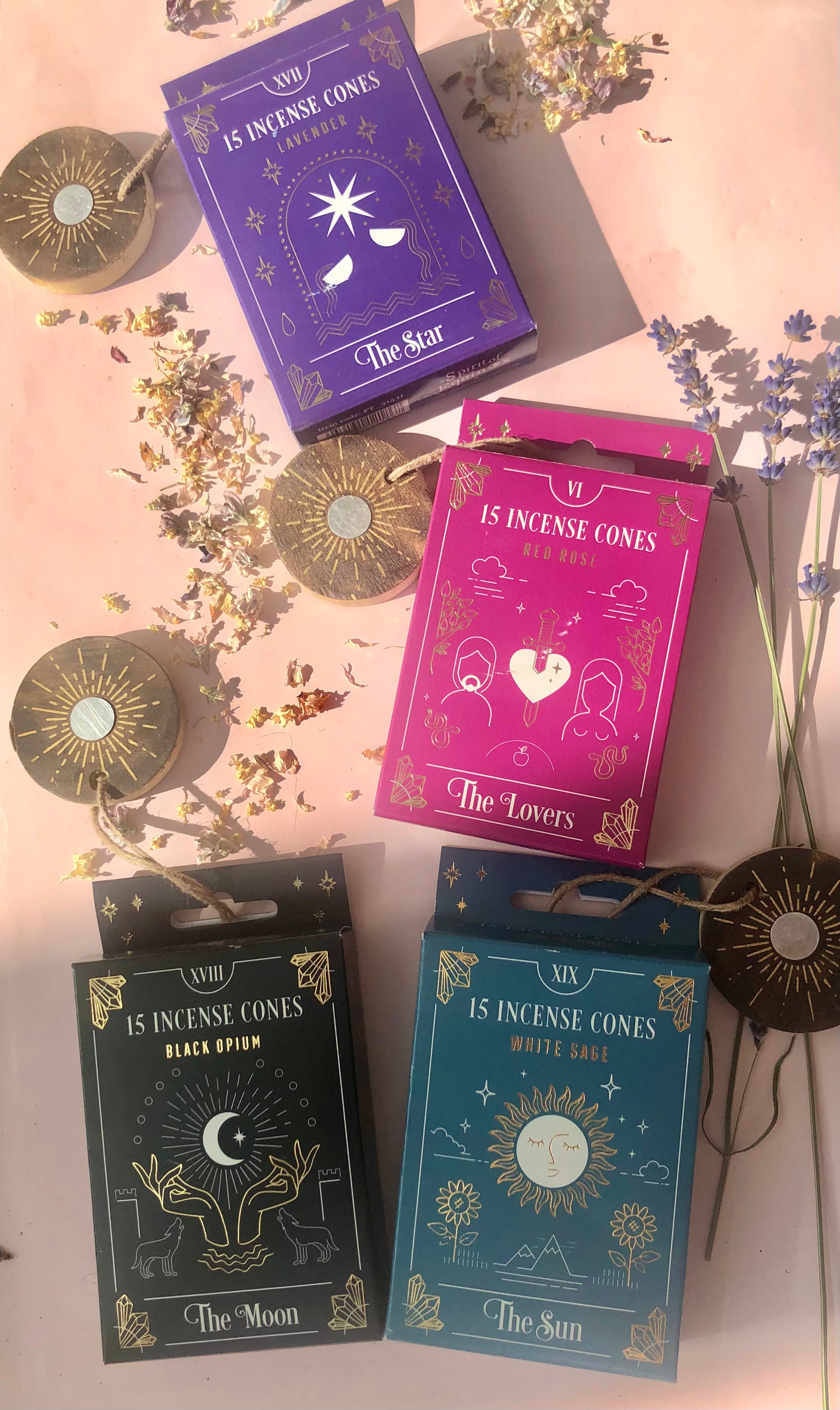 Månesøster Krystaller “Fortune Teller” Røgelses kegler med Tarot Kort design & røgelsesholder i træ