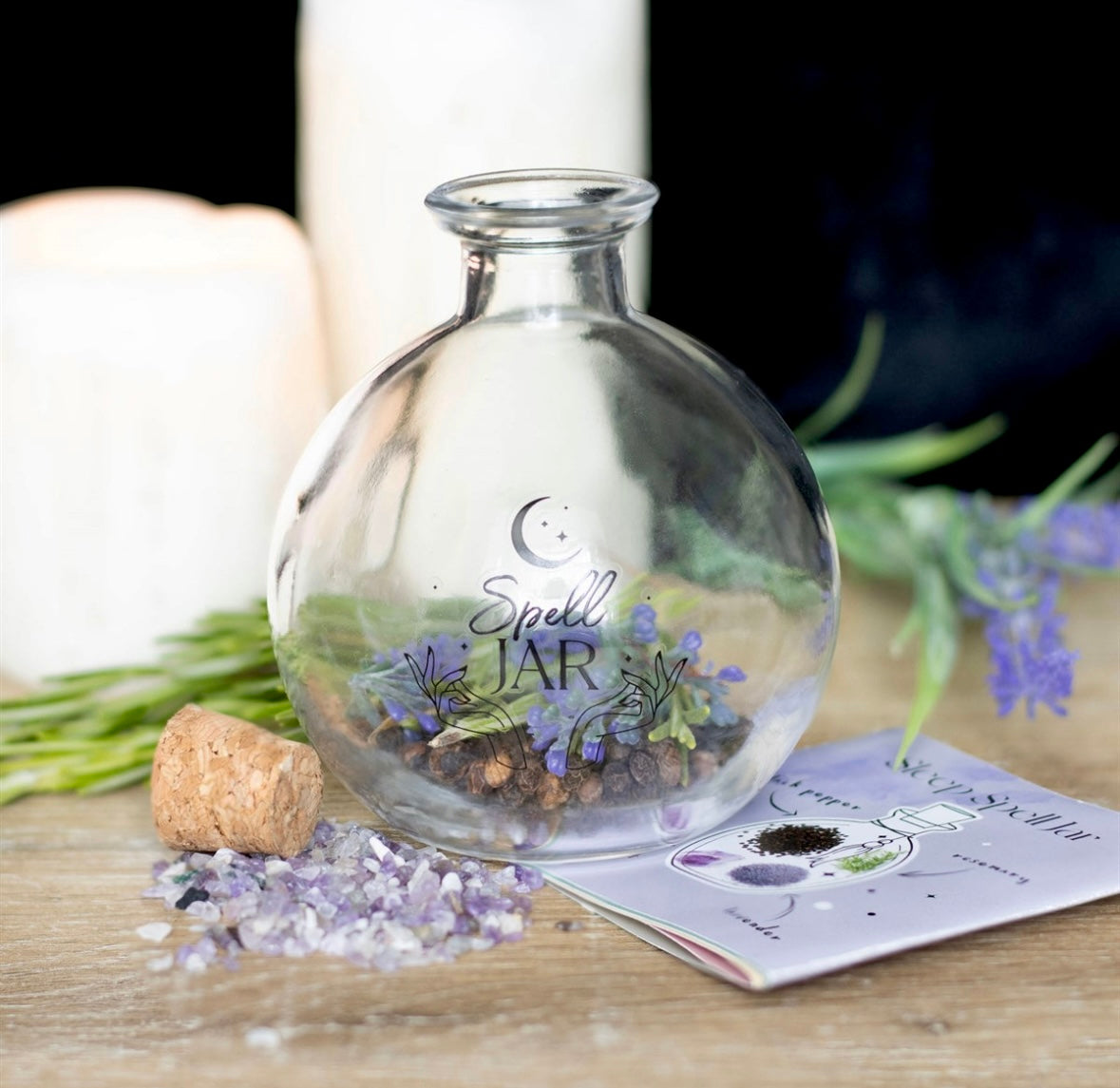 Spell Jar - 10 cm. GLAS KRUKKE MED tilhørende OPSKRIFTSHÆFTE til fortryllelse / MAANESOESTER.DK / MÅNESØSTER.DK