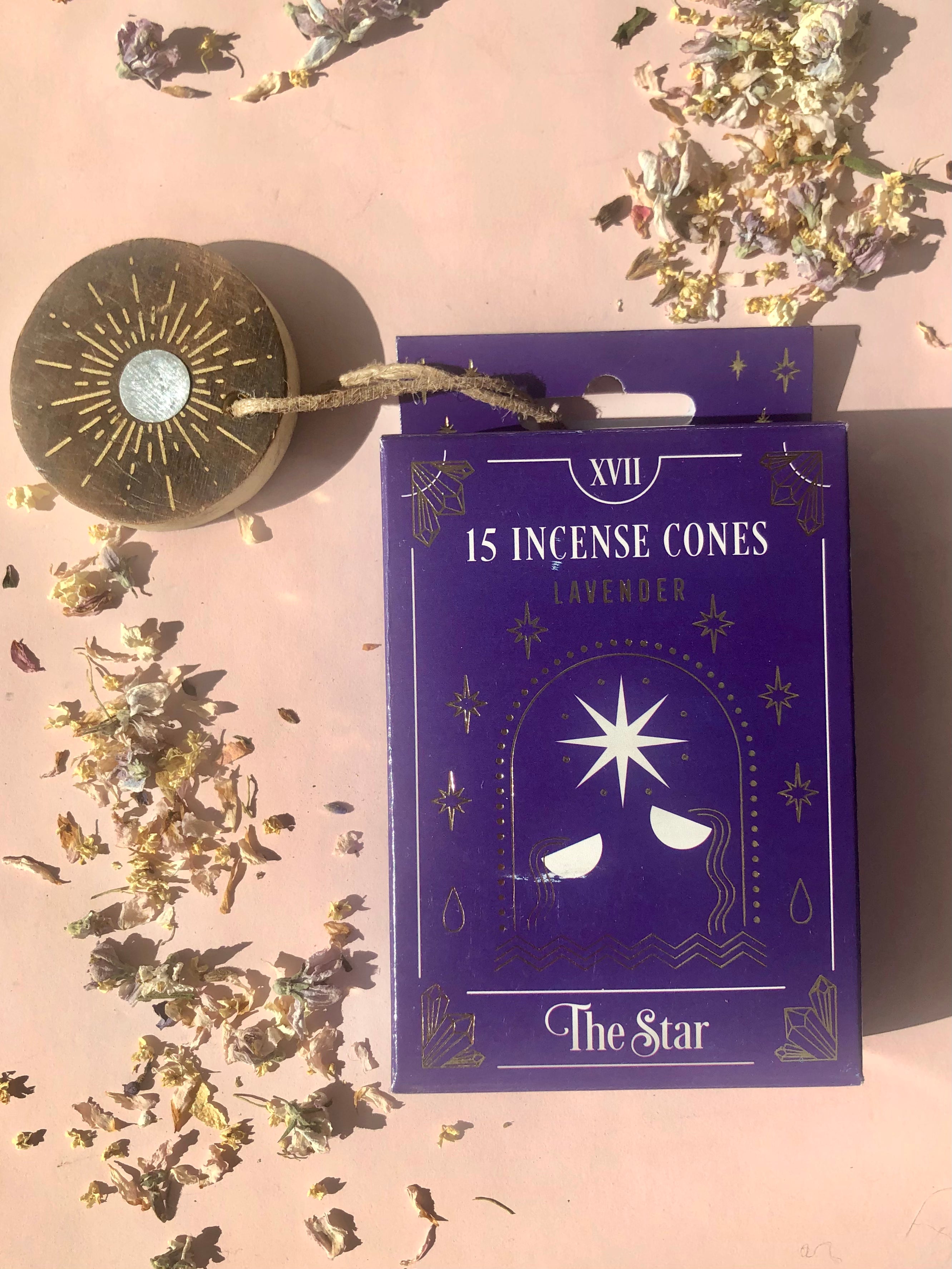 Månesøster Krystaller “Fortune Teller” Røgelses kegler med Tarot Kort design & røgelsesholder i træ